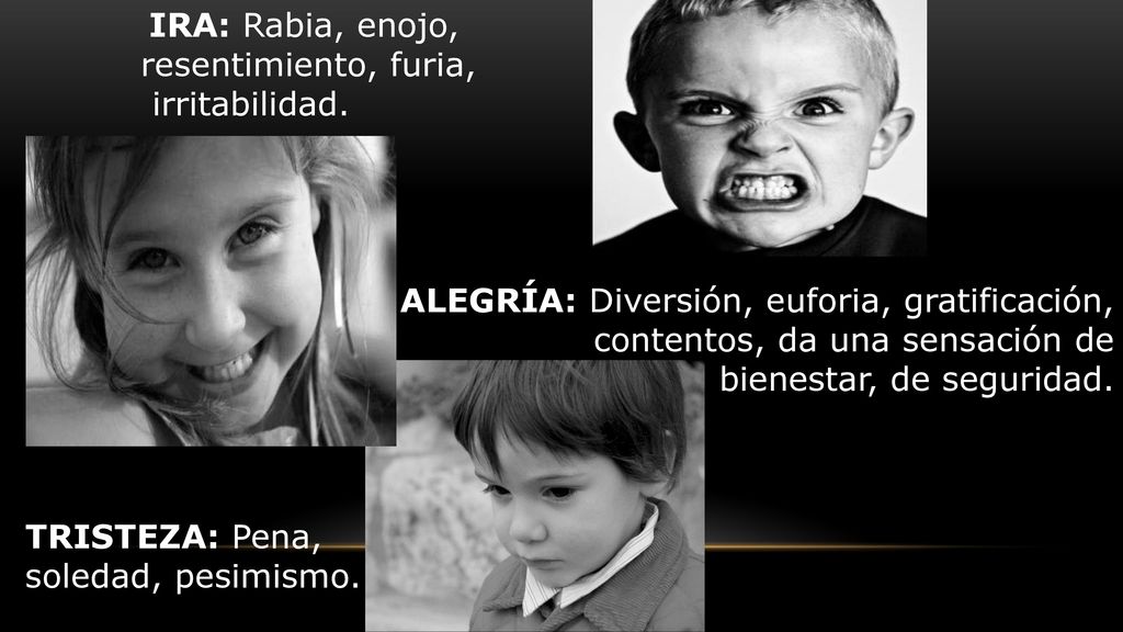 IRA: Rabia, enojo, resentimiento, furia, irritabilidad. ALEGRÍA: Diversión, euforia, gratificación,