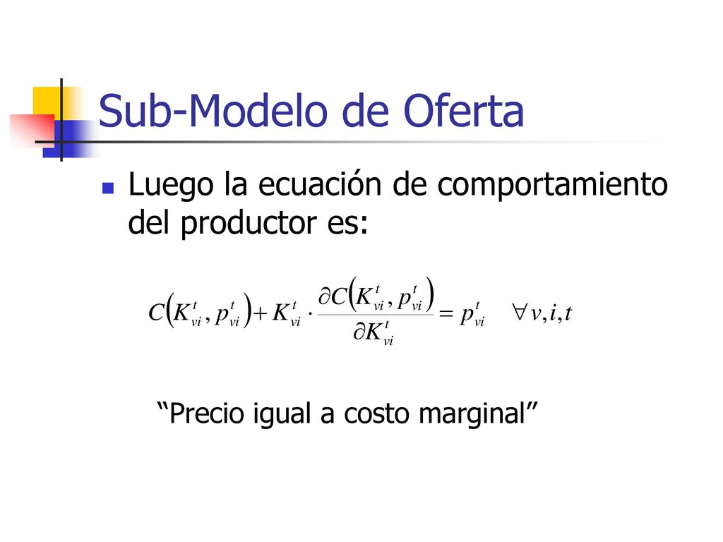 Sub-Modelo de Oferta Luego la ecuación de comportamiento del productor es: Precio igual a costo marginal