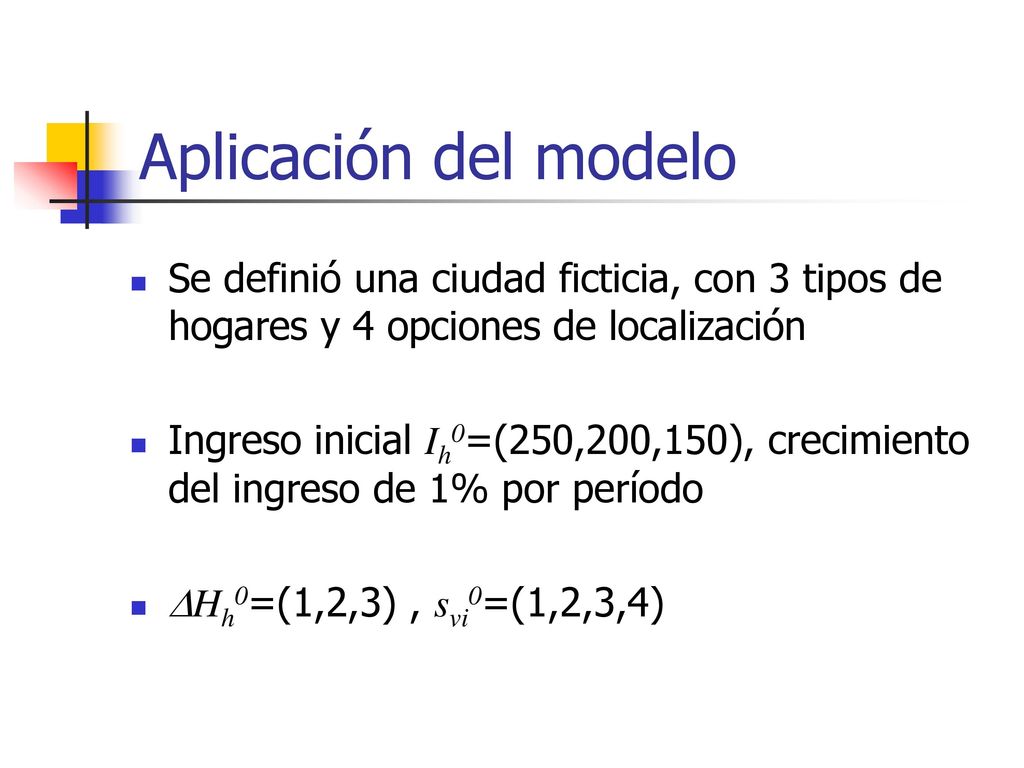 Aplicación del modelo Se definió una ciudad ficticia, con 3 tipos de hogares y 4 opciones de localización.