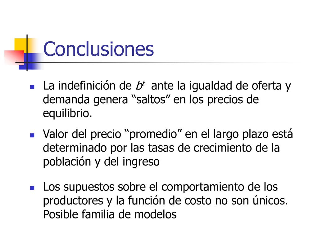 Conclusiones La indefinición de bt ante la igualdad de oferta y demanda genera saltos en los precios de equilibrio.