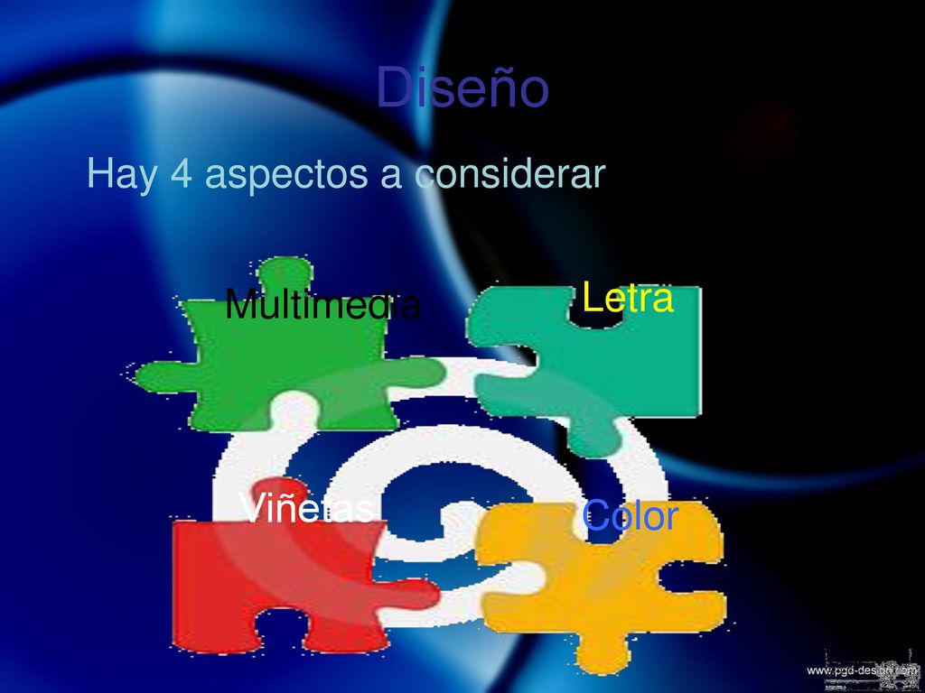 Diseño Hay 4 aspectos a considerar: Letra Multimedia Viñetas Color