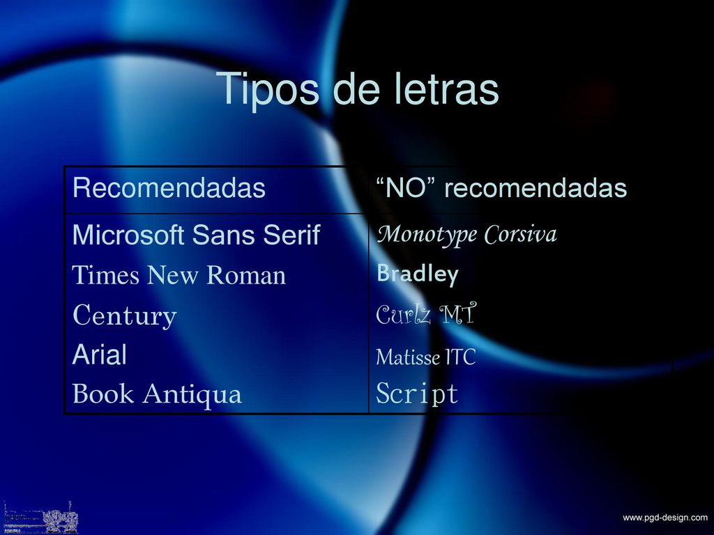 Tipos de letras Recomendadas NO recomendadas Microsoft Sans Serif