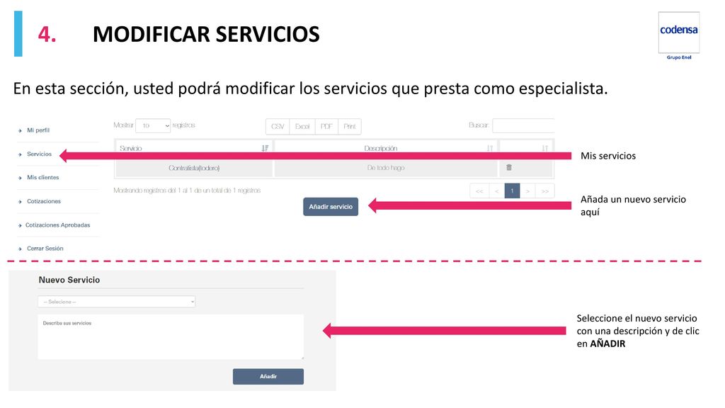 4. MODIFICAR SERVICIOS En esta sección, usted podrá modificar los servicios que presta como especialista.