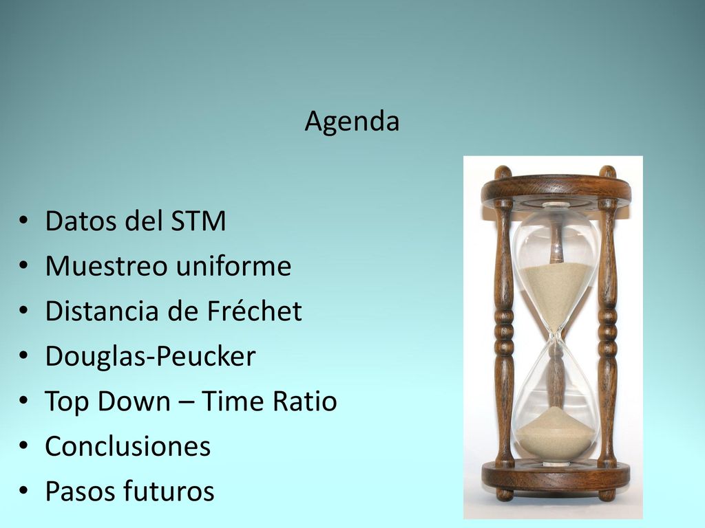 Agenda Datos del STM. Muestreo uniforme. Distancia de Fréchet. Douglas-Peucker. Top Down – Time Ratio.
