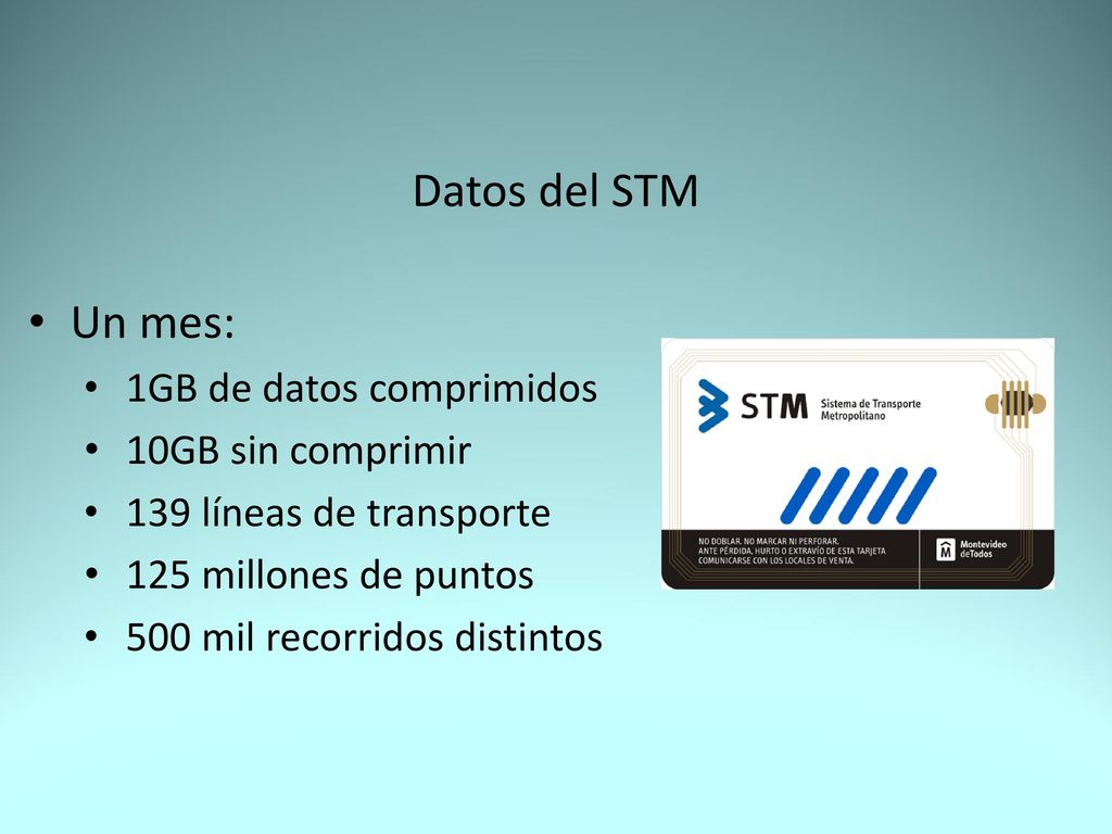 Datos del STM Un mes: 1GB de datos comprimidos 10GB sin comprimir