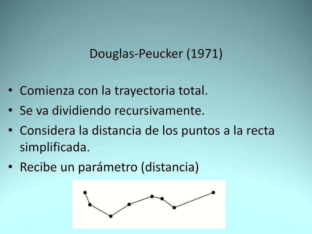 Douglas-Peucker (1971) Comienza con la trayectoria total. Se va dividiendo recursivamente.