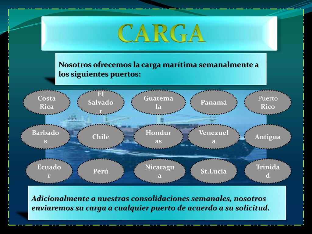 CARGA MARITIMA Nosotros ofrecemos la carga marítima semanalmente a los siguientes puertos: Costa Rica.