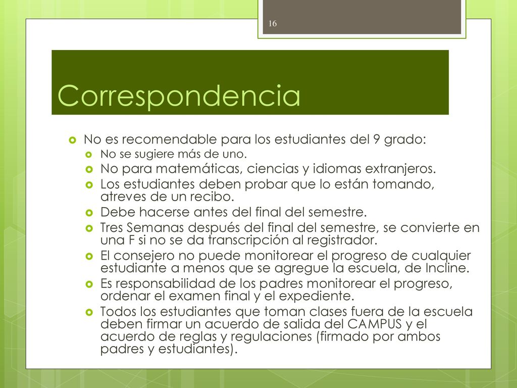 Correspondencia No es recomendable para los estudiantes del 9 grado: