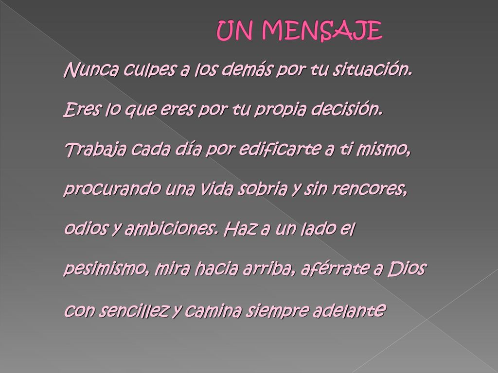 UN MENSAJE Nunca culpes a los demás por tu situación.