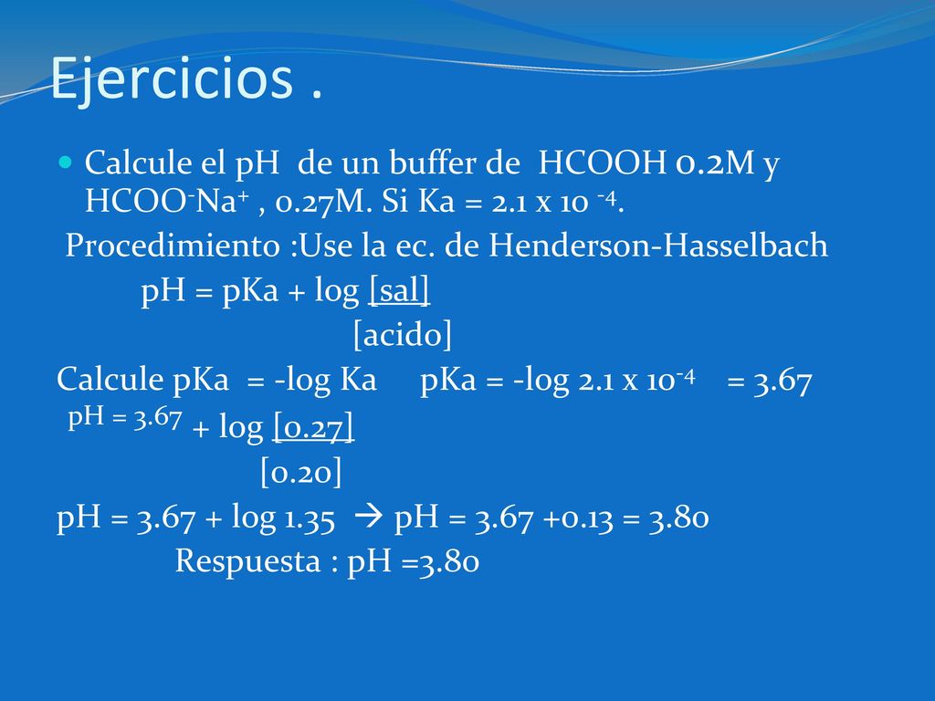 Ejercicios . Calcule el pH de un buffer de HCOOH 0.2M y HCOO-Na+ , 0.27M. Si Ka = 2.1 x Procedimiento :Use la ec. de Henderson-Hasselbach.