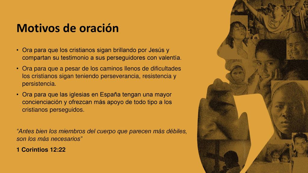 Motivos de oración Ora para que los cristianos sigan brillando por Jesús y compartan su testimonio a sus perseguidores con valentía.
