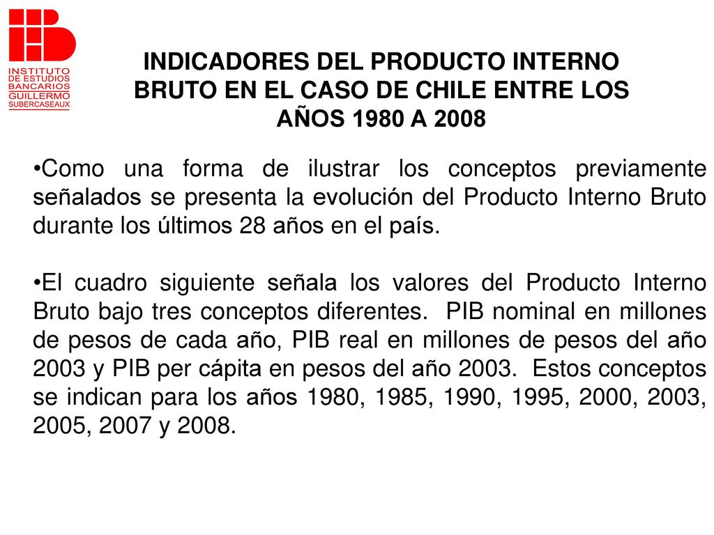 INDICADORES DEL PRODUCTO INTERNO BRUTO EN EL CASO DE CHILE ENTRE LOS AÑOS 1980 A 2008