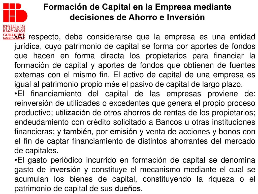 Formación de Capital en la Empresa mediante decisiones de Ahorro e Inversión
