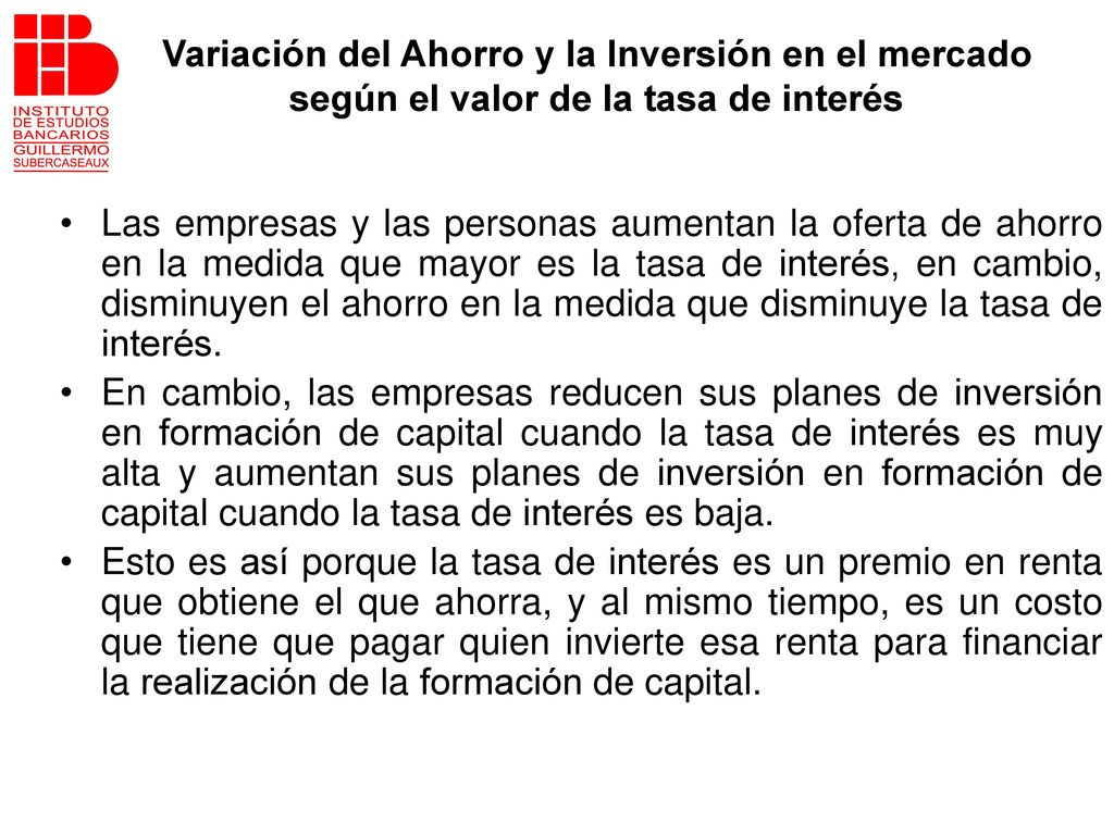 Variación del Ahorro y la Inversión en el mercado según el valor de la tasa de interés