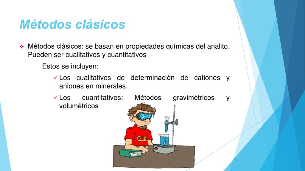 Métodos clásicos Métodos clásicos: se basan en propiedades químicas del analito. Pueden ser cualitativos y cuantitativos.
