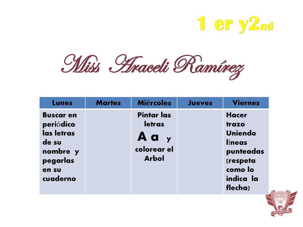 Miss Araceli Ramírez 1 er y2nd A a y colorear el Arbol Lunes Martes