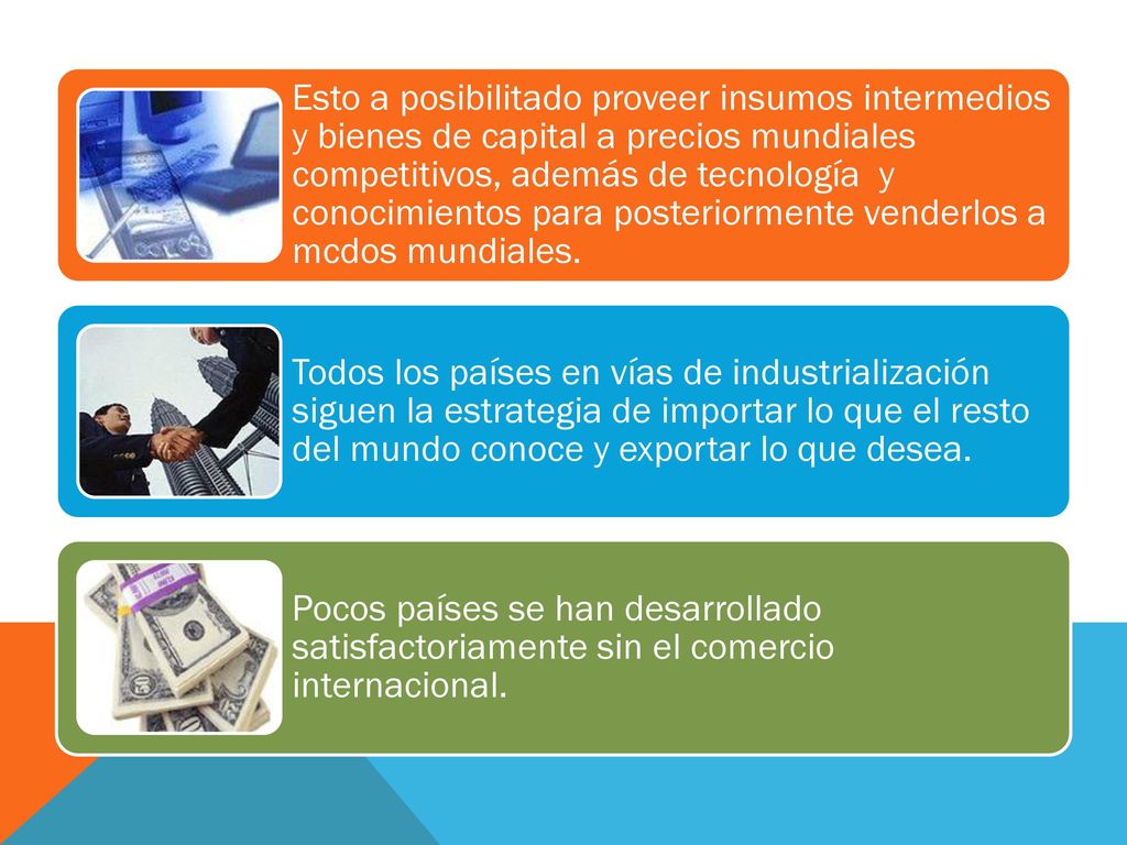 Esto a posibilitado proveer insumos intermedios y bienes de capital a precios mundiales competitivos, además de tecnología y conocimientos para posteriormente venderlos a mcdos mundiales.