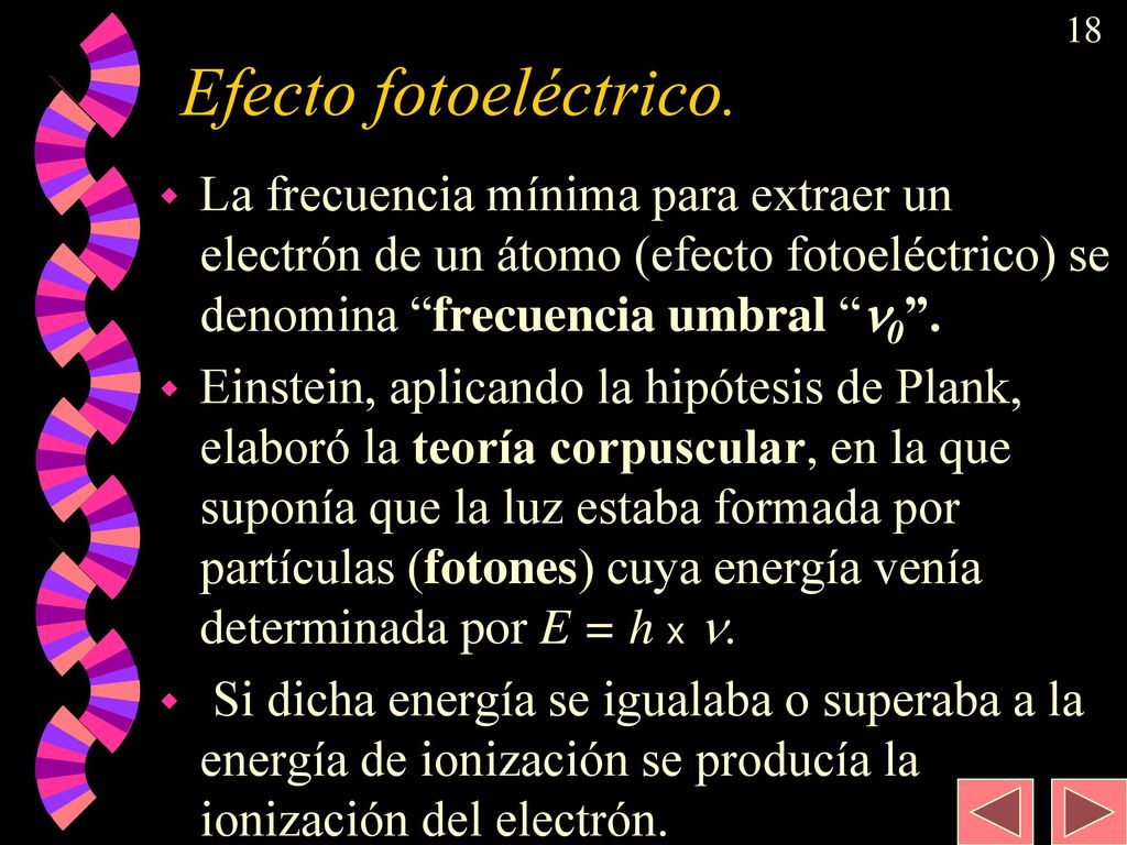 Efecto fotoeléctrico. La frecuencia mínima para extraer un electrón de un átomo (efecto fotoeléctrico) se denomina frecuencia umbral 0 .