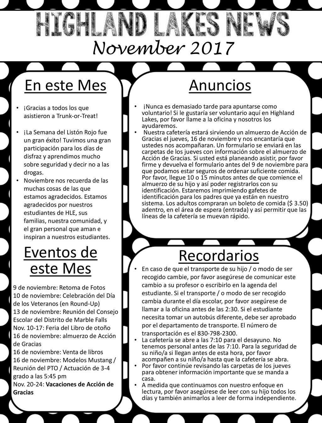 November 2017 En este Mes Anuncios Eventos de este Mes Recordarios