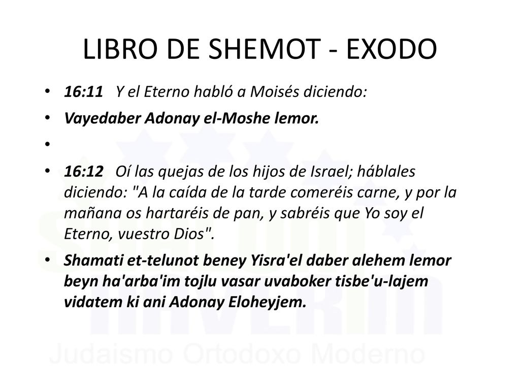 LIBRO DE SHEMOT - EXODO 16:11 Y el Eterno habló a Moisés diciendo: