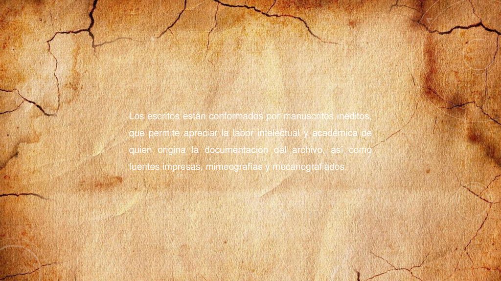 Los escritos están conformados por manuscritos inéditos, que permite apreciar la labor intelectual y académica de quien origina la documentación del archivo, así como fuentes impresas, mimeografías y mecanografiados.