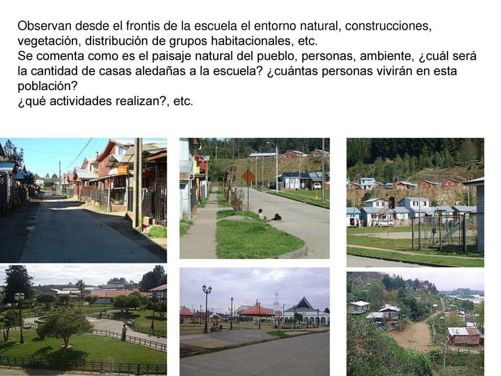 Observan desde el frontis de la escuela el entorno natural, construcciones, vegetación, distribución de grupos habitacionales, etc.