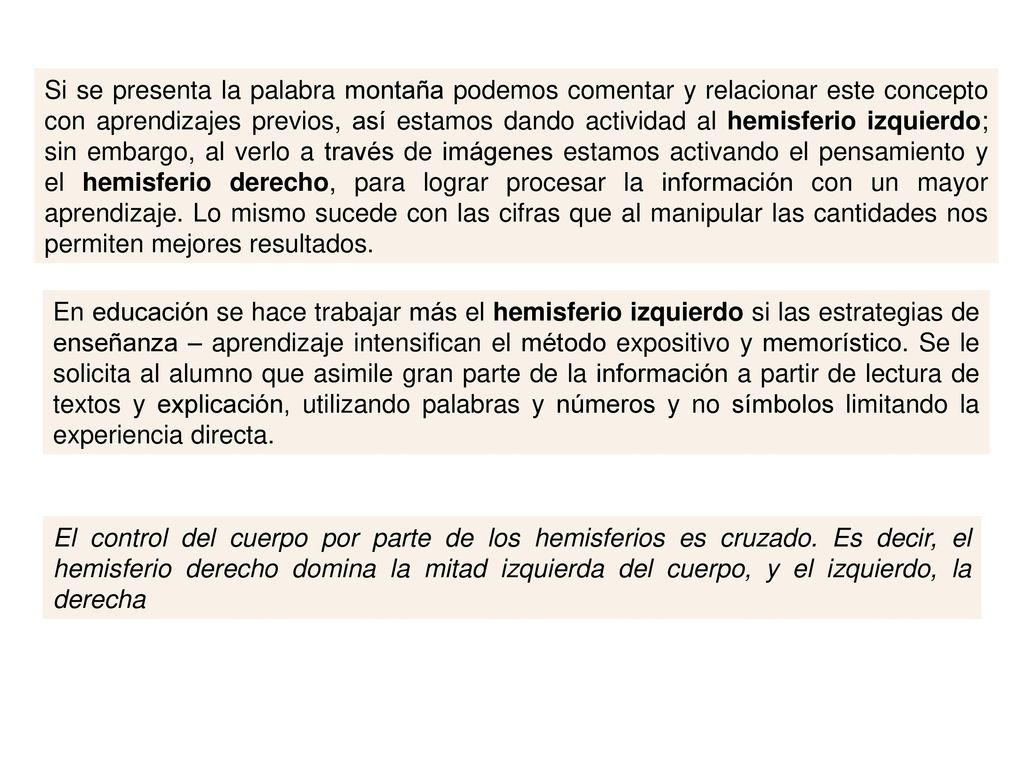 Si se presenta la palabra montaña podemos comentar y relacionar este concepto con aprendizajes previos, así estamos dando actividad al hemisferio izquierdo; sin embargo, al verlo a través de imágenes estamos activando el pensamiento y el hemisferio derecho, para lograr procesar la información con un mayor aprendizaje. Lo mismo sucede con las cifras que al manipular las cantidades nos permiten mejores resultados.