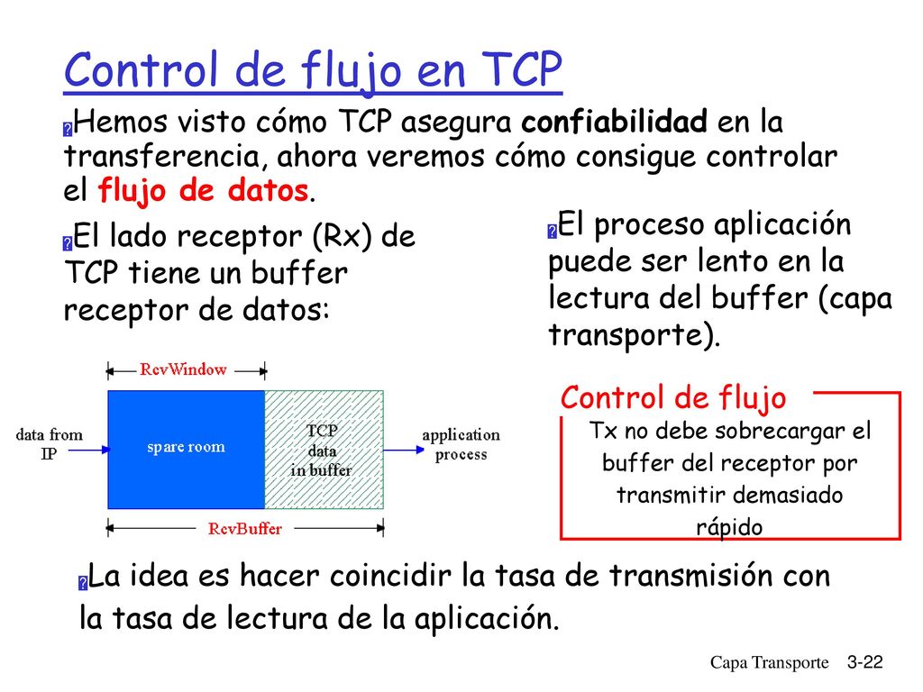 Control de flujo en TCP Hemos visto cómo TCP asegura confiabilidad en la transferencia, ahora veremos cómo consigue controlar el flujo de datos.