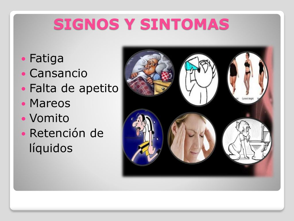 SIGNOS Y SINTOMAS Fatiga Cansancio Falta de apetito Mareos Vomito