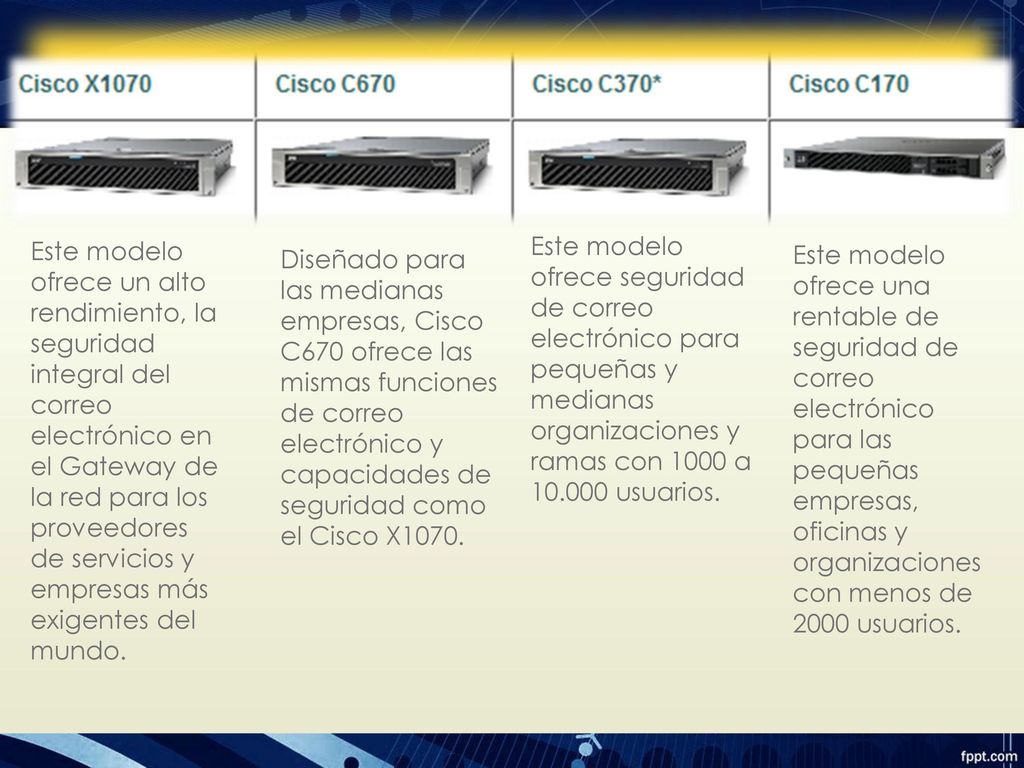 Este modelo ofrece un alto rendimiento, la seguridad integral del correo electrónico en el Gateway de la red para los proveedores de servicios y empresas más exigentes del mundo.