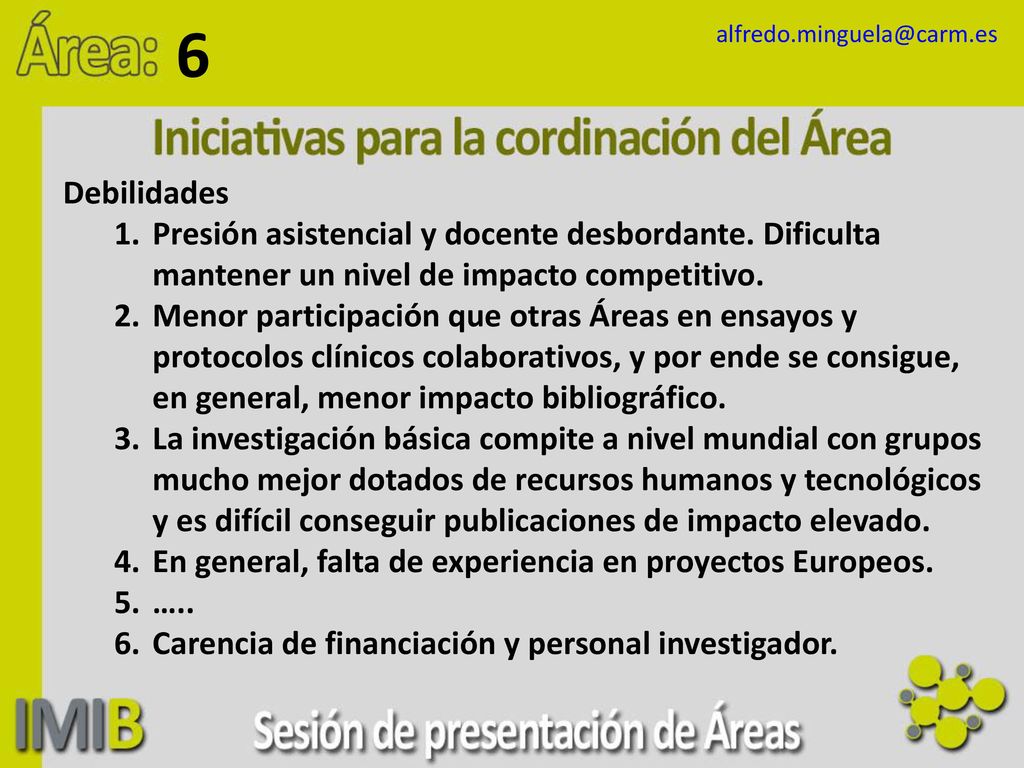 6 Debilidades. Presión asistencial y docente desbordante. Dificulta mantener un nivel de impacto competitivo.