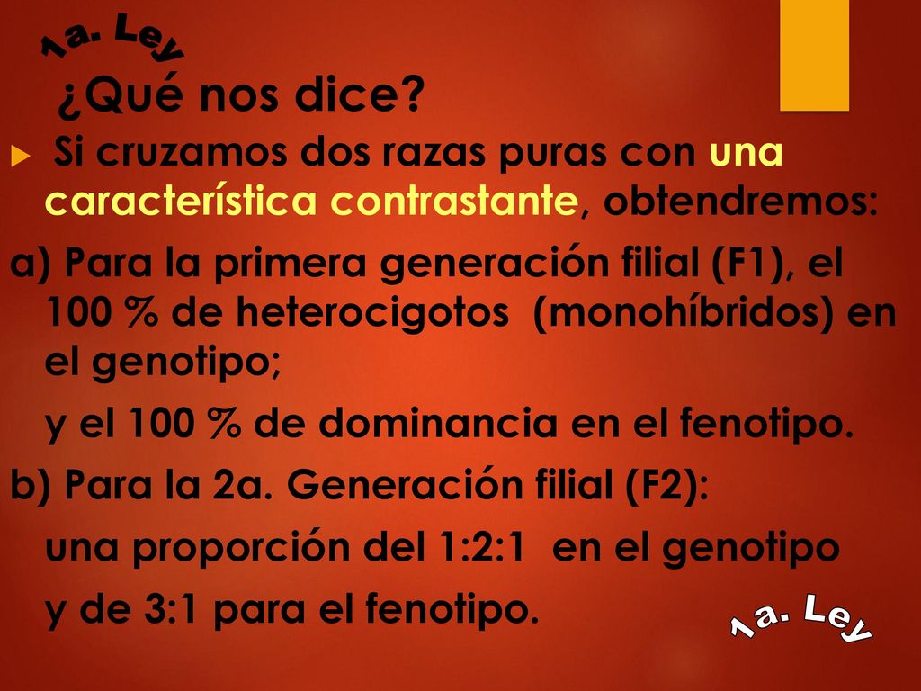¿Qué nos dice 1a. Ley. Si cruzamos dos razas puras con una característica contrastante, obtendremos: