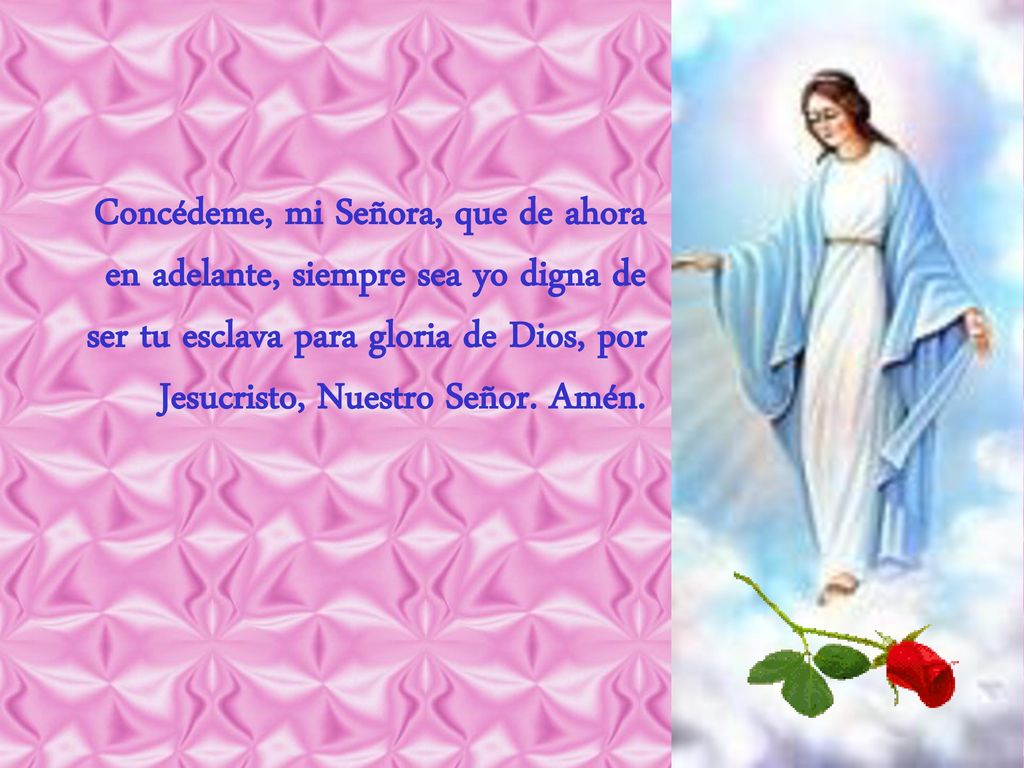 Concédeme, mi Señora, que de ahora en adelante, siempre sea yo digna de ser tu esclava para gloria de Dios, por Jesucristo, Nuestro Señor.