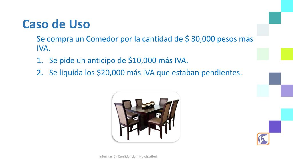 Caso de Uso Se compra un Comedor por la cantidad de $ 30,000 pesos más IVA. Se pide un anticipo de $10,000 más IVA.