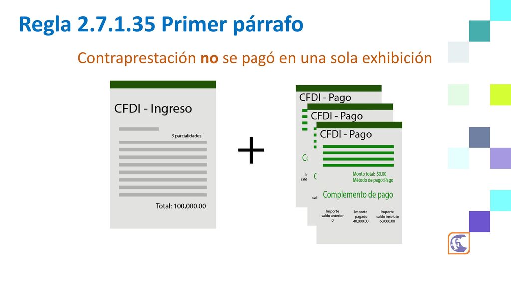 Regla Primer párrafo Contraprestación no se pagó en una sola exhibición.