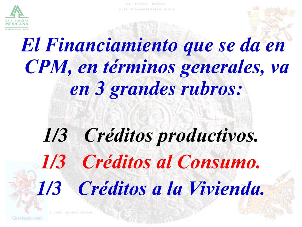 1/3 Créditos productivos. 1/3 Créditos a la Vivienda.