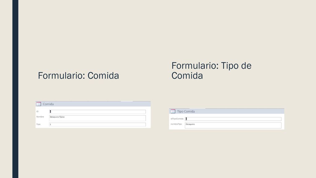 Formulario: Comida Formulario: Tipo de Comida