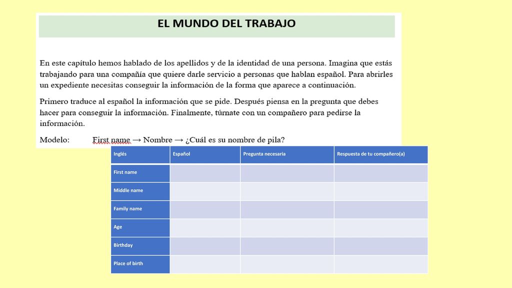 Inglés Español. Pregunta necesaria. Respuesta de tu compañero(a) First name. Middle name. Family name.