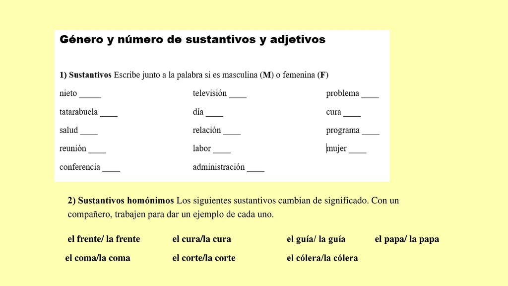 2) Sustantivos homónimos Los siguientes sustantivos cambian de significado. Con un compañero, trabajen para dar un ejemplo de cada uno.