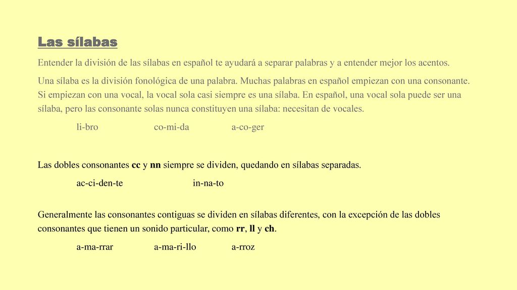 Las sílabas Entender la división de las sílabas en español te ayudará a separar palabras y a entender mejor los acentos.
