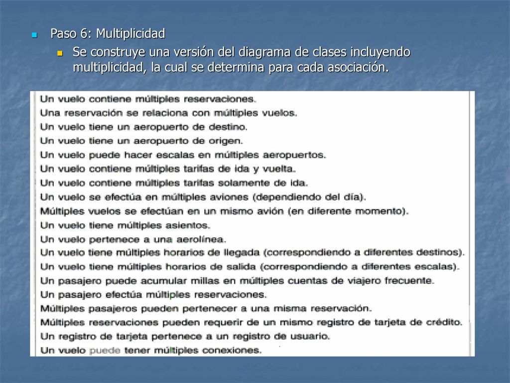 Paso 6: Multiplicidad Se construye una versión del diagrama de clases incluyendo multiplicidad, la cual se determina para cada asociación.