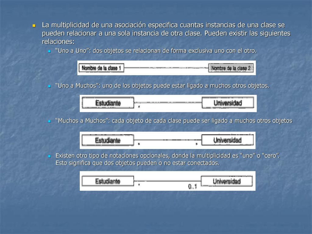 La multiplicidad de una asociación especifica cuantas instancias de una clase se pueden relacionar a una sola instancia de otra clase. Pueden existir las siguientes relaciones: