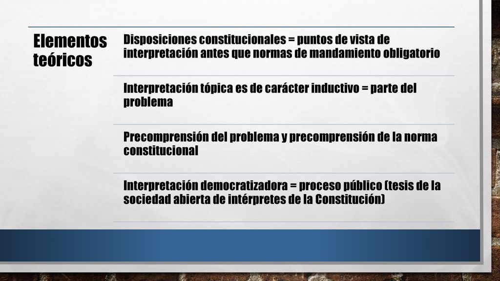 Elementos teóricos Disposiciones constitucionales = puntos de vista de interpretación antes que normas de mandamiento obligatorio.
