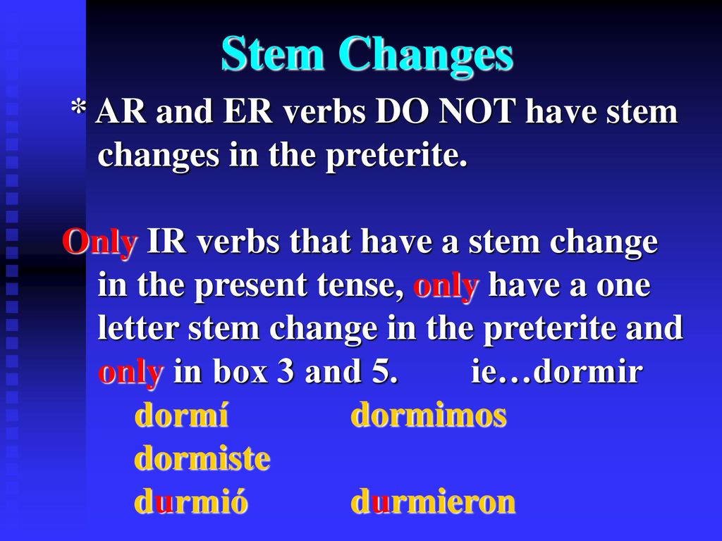 Stem Changes * AR and ER verbs DO NOT have stem changes in the preterite.
