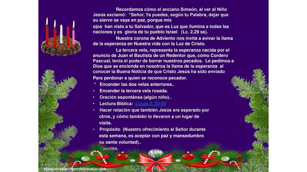 Recordamos cómo el anciano Simeón, al ver al Niño Jesús exclamó: Señor, Ya puedes, según tu Palabra, dejar que su siervo se vaya en paz, porque mis