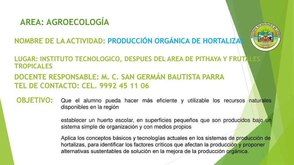 AREA: AGROECOLOGÍA NOMBRE DE LA ACTIVIDAD: PRODUCCIÓN ORGÁNICA DE HORTALIZAS.
