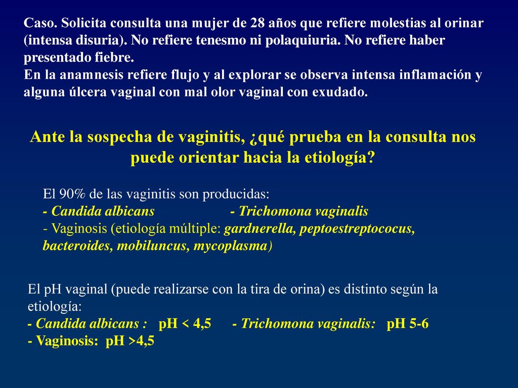 Caso. Solicita consulta una mujer de 28 años que refiere molestias al orinar (intensa disuria). No refiere tenesmo ni polaquiuria. No refiere haber presentado fiebre.