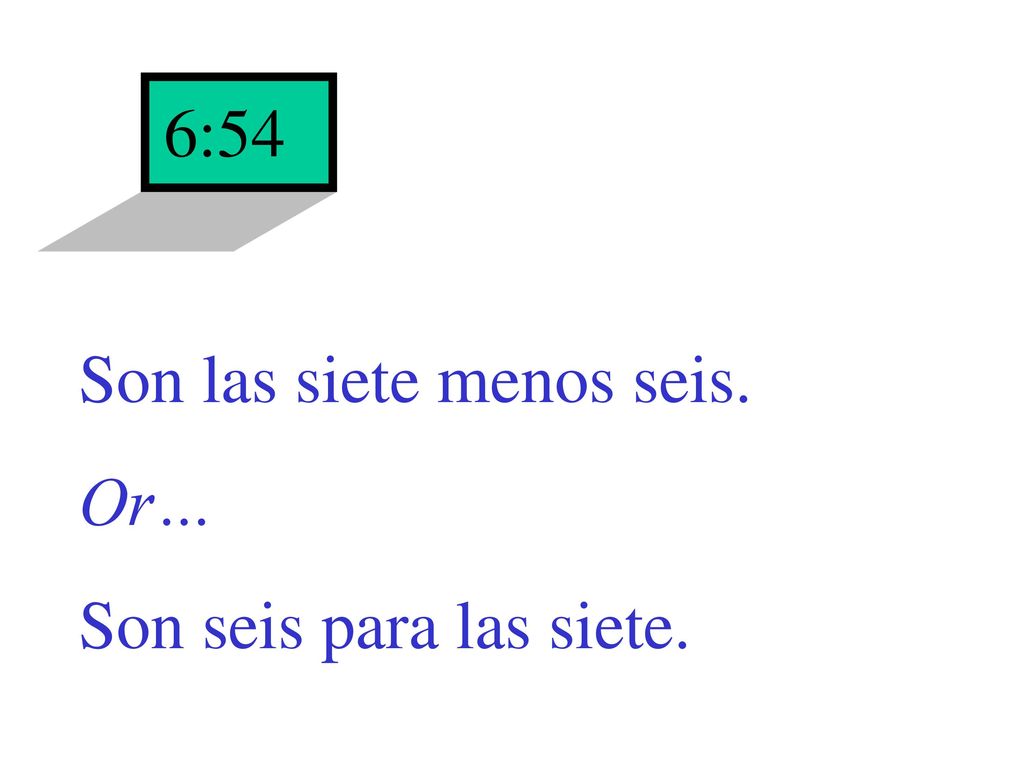 6:54 Son las siete menos seis. Or… Son seis para las siete.