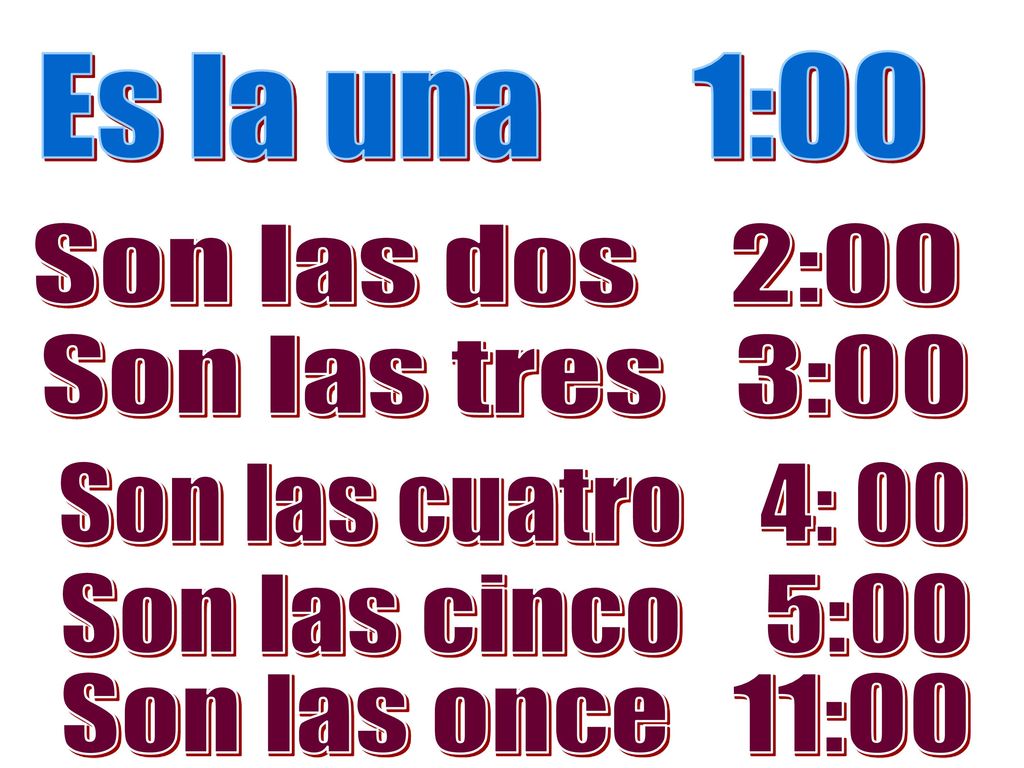 Es la una 1:00 Son las dos 2:00. Son las tres 3:00. Son las cuatro 4: 00. Son las cinco 5:00.