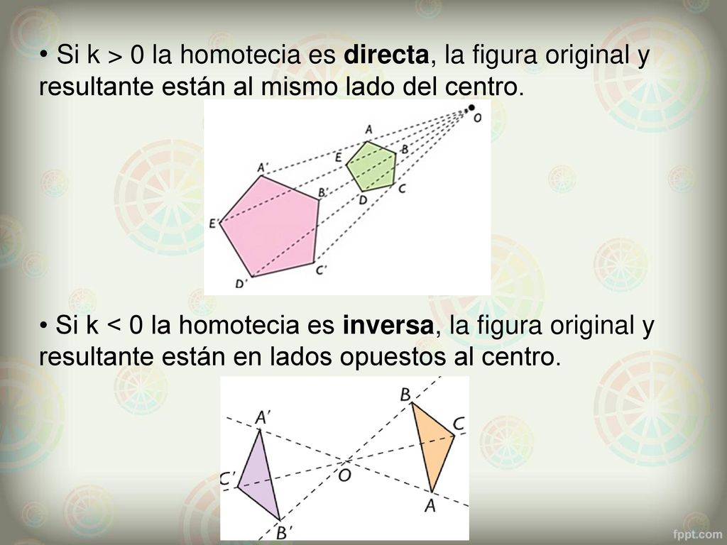 • Si k > 0 la homotecia es directa, la figura original y resultante están al mismo lado del centro.